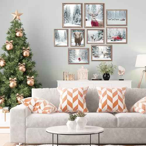 Whaline 10 Pcs Christmas Wall Art Wall Decor Prints Retro Winter Snowy Forest Scene Unframed Pictures Decorations for Xmas Holiday Home Living Room Bedroom Decor Gifts