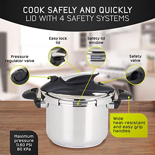 6.3 Quart Stainless Steel Stovetop Pressure Cooker with Glass Lid - Induction Compatible, 4 Safety Systems, 2-in-1 Cooking Pot