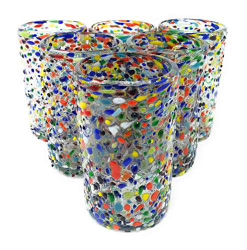 Hand Blown Mexican Drinking Glasses Set of 6 - Confetti Rock Design, 14 oz