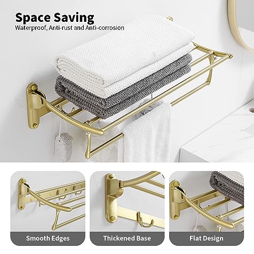 Wall Mounted Brushed Gold Towel Rack with Foldable Bar Hooks - Bathroom & Bedroom Use