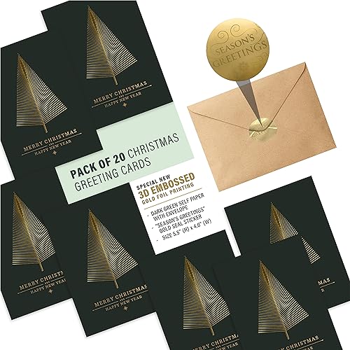 easykart labels 20 Gold Foil Christmas Greeting Cards with Envelopes – 5.75 x 4.25 Dark Green, Embossed Tree Design, Includes Seal Stickers