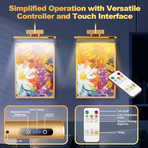 Dimmable Cordless Picture Light with Controller & Timer - 14 Inch Gold Wall Sconce for Artwork & Portraits
