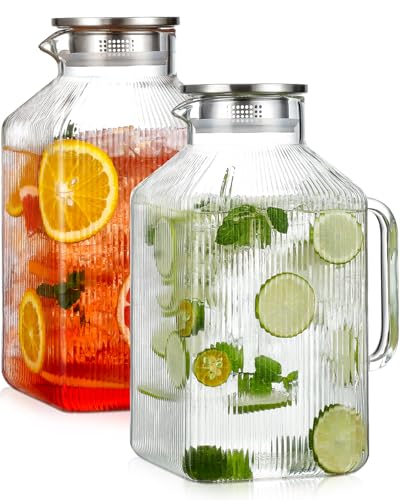 Snuvid 2 Pack 1 Gallon Square Glass Pitchers with Lid - Borosilicate Drink Carafes