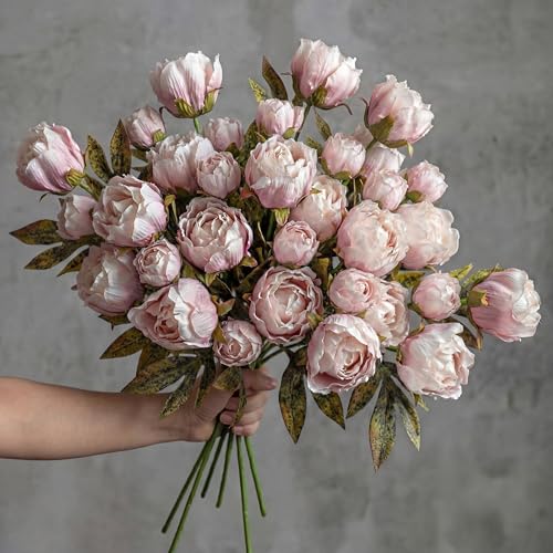 Artificial Peony Flowers Set - 12 Faux Silk Stems for Vase Decor - Brownish Variation