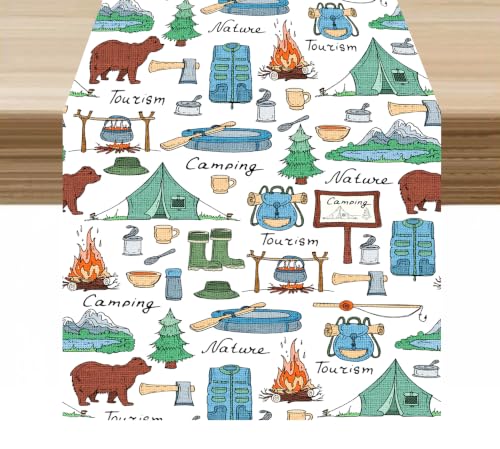 KANEPE Camping Blue Forest Animal Bear Pattern Linen Table Runner 13x36in for Indoor Outdoor Dining