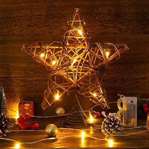 Christmas Tree Topper, Rustic Rattan Star Treetop Christmas Tree Decorations with 10 Light, Star Tree Toppers for Indoor Holiday Party Xmas Decorations