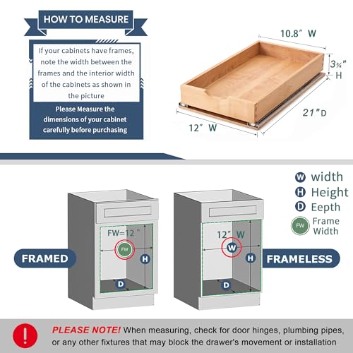 Draworia 12'W x 21'D Pull Out Cabinet Drawers - Solid Beechwood, Soft Close, Easy Install