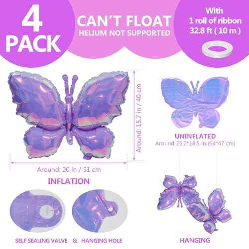 Rainbow Crystal Iridescent Purple Woodland Butterfly Balloon, Sparkle Charmingly 4 Pack Butterflies Balloons For Wedding Birthday Baby Shower Spring Summer Party Decorations Supplies