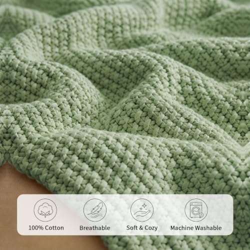 Longhui Bedding Light Green Chunky Cable Knit Throw Blanket 51 x 63 in - 100% Organic Cotton