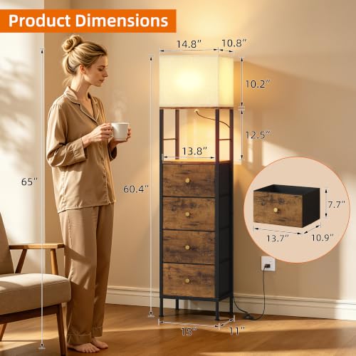 Tall Rustic Brown Nightstand with Light & 4 Fabric Drawers - 11"D x 15"W x 60.4"H