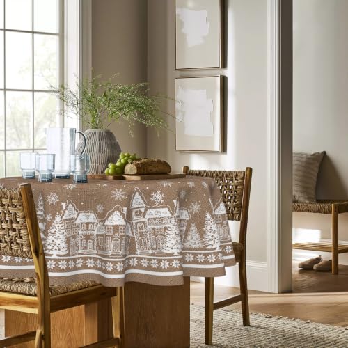 Horaldaily 90-Inch Round Brown Christmas Tablecloth - Washable Holiday Decor