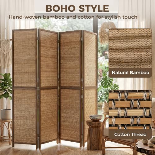 HOMCOM 4-Panel Boho Brown Room Divider - 6 ft Tall Folding Privacy Screen