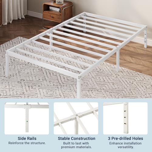 Allewie White Twin Metal Bed Frame with Storage, 12 Inch Platform Bed