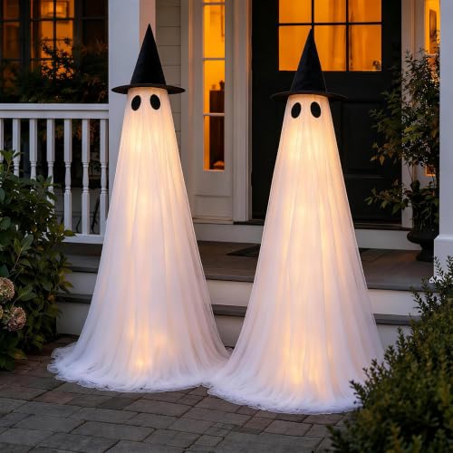 CheerBloom 2 Pack 5 Ft Large Light Up Ghost Decorations - Halloween Outdoor Decor, USB & Battery Powered, Remote Control, 8 Lighting Modes (Variant: 2PK-LARGE-LED-GHOST)