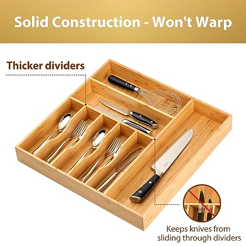 Umilife Large 19x19 Inch Bamboo Kitchen Drawer Organizer - 8 Slots, Sturdy Flatware Tray with Thick Frames