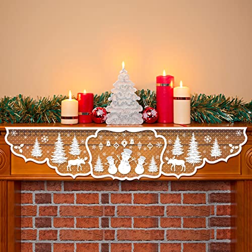 Christmas Fireplace Scarf 20 x 90 Inch Fireplace Cloth White Snowman Christmas Tree Decoration Lace Mantel Cover Runner for Holiday Home Living Room Decor