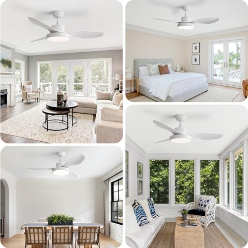 Sofucor 47 Inch White Ceiling Fan with Lights, Modern Outdoor Flush Mount, Remote, Dimmable 3 CCT, Quiet DC Motor, 6 Speeds & Timer
