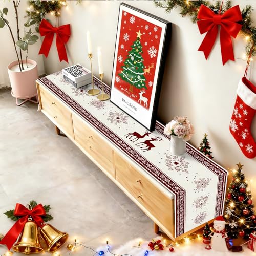 FOREVER QUEEN 7-Piece Christmas Table Runner & Placemats Set Reindeer Snowflakes