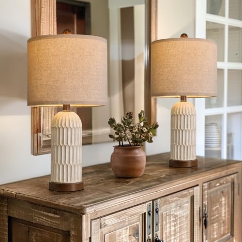 OYEARS 22-inch Farmhouse Bedside Table Lamps Set of 2 with USB A+C - Yellowish & Brown Variation