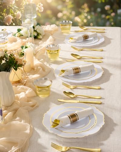 realluck Gold Rim Dinnerware Set for 50 Guests - 350 Pcs Disposable Plates & Cutlery