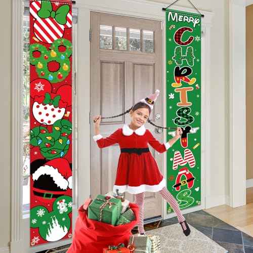 Mouse Christmas Porch Sign Banner 2pcs Christmas Door Banner for Front Yard Hanging Banner