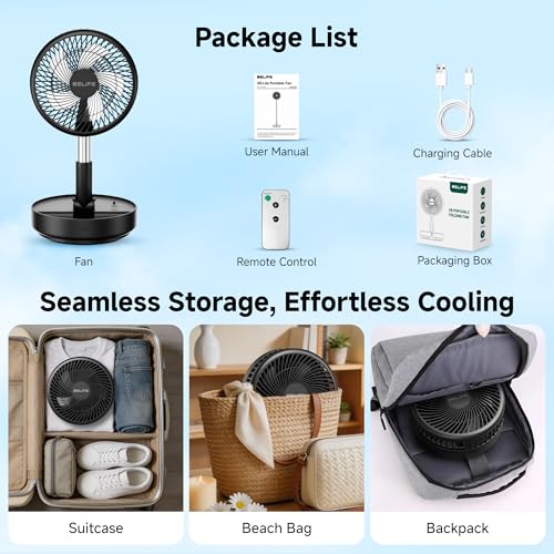 Belife X8 Portable Oscillating Camping Fan - Black, Rechargeable, Remote Control