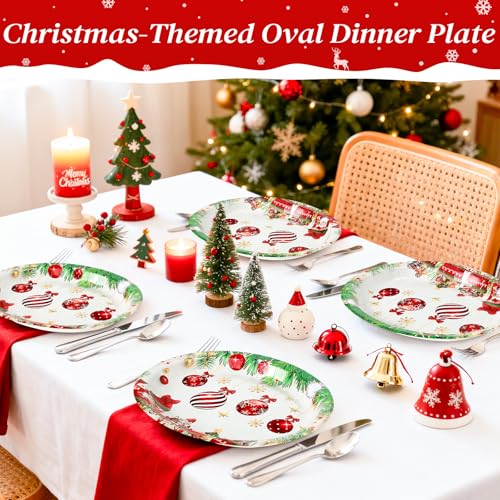 LIKAJON Christmas Ball Paper Plates - 50 Pcs Oval Holiday Disposable Dinnerware