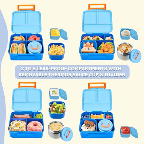 Kids Bento Lunch Box Set with Thermo - Leakproof 8oz Food Jar & Accessories - Blue1