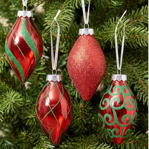 Sleetly 12-Pack Teardrop Christmas Ornaments 4in Red & Green Finials – Gold Lattice/Scroll/Swirl/Glitter