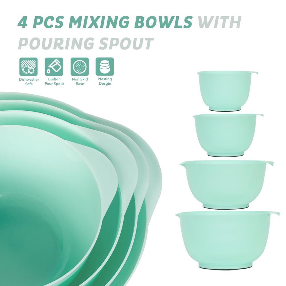 BoxedHome Nesting Plastic Mixing Bowl Set, 4 Piece Mixing Bowl Set with Pour Spouts, Size 1.7, 2.5, 3.5 and 4.5qt, for Prepping, Mixing, Baking, Cooking(2023 New Version, Green)