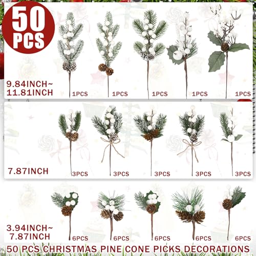 50 Pcs Christmas Floral Picks with Snowy Berry Stem - White (Zeyune)