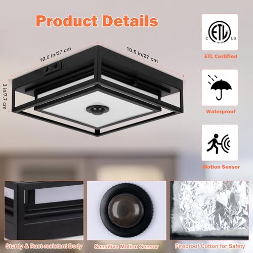LED Motion Sensor Outdoor Ceiling Light Square Flush Mount 2 Pack - Black 10.5 Inch