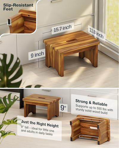 FANATU 9-Inch Wooden Bed Step Stool with Handle, Heavy Duty Acacia Bathroom & Kitchen Step