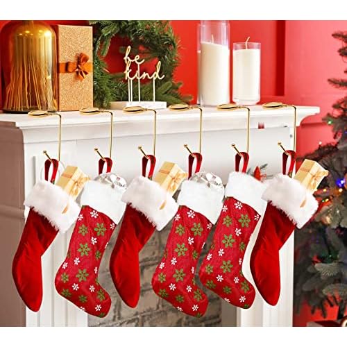 Christmas Mantle Stocking Holders Set of 6 - Upgrade Non-Slip Fireplace Hangers, Lightweight Metal Hooks for Christmas Party Decoration (Gold)