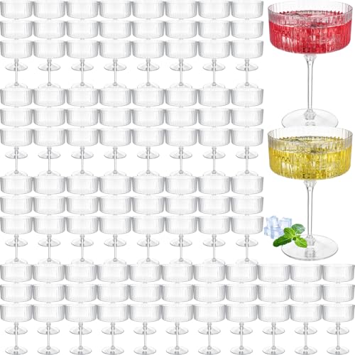 Jingmore 100 Pack Clear Plastic Martini Glasses 10 oz Ribbed Design for Parties