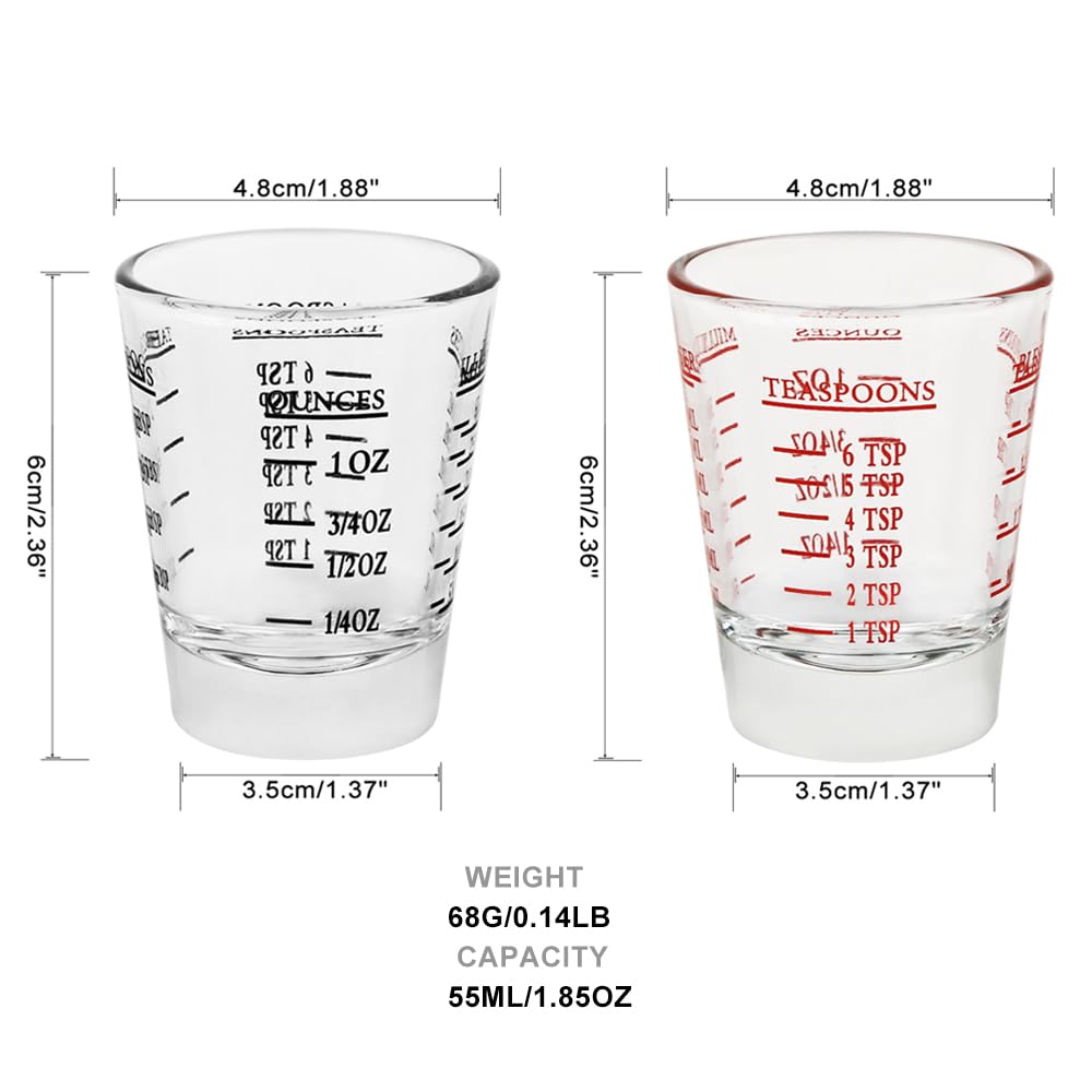BTGLLAS Set of 2 Shot Glasses - Heavy Glass, Perfect for Measuring Espresso, Wine, and More 26-Incremental Measurement 1oz, 6 Tsp, 2 Tbs, 30ml (2, Red+Black)