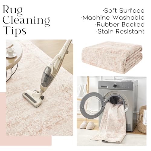 6x9 Pink Vintage Boho Floral Bedroom Rug - Low Pile Nursery Area Rug