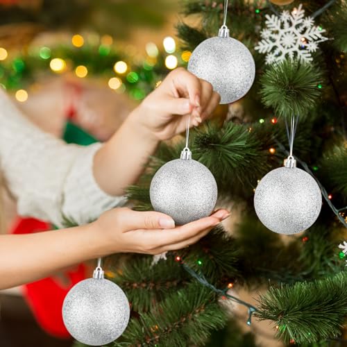 Zubebe 12Pcs Silver Glitter Christmas Ball Ornaments - 3.15in Large Snowball Decor