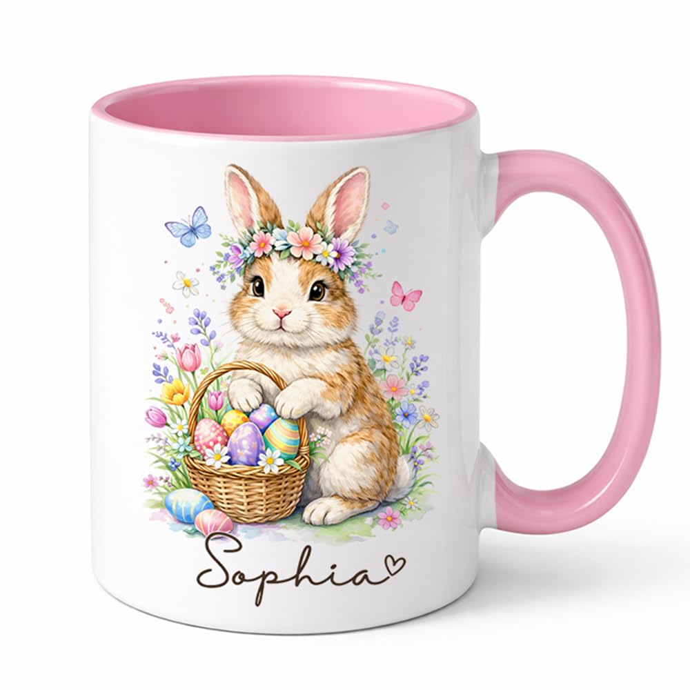 Personalized Easter Bunny Coffee Mug, Cute Bunny with Colorful Eggs Basket Ceramic Cup, Custom Spring Gift for Boys Girls, Adorable Rabbit Mug for Family Children Gift Idea 11oz 15oz/Idea4