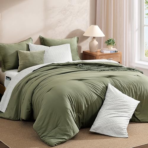 Monbix Olive Queen Comforter Set – 7 Pieces Bed in a Bag, All Season Cozy Bedding