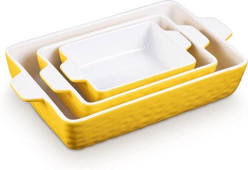 Garvee Ceramic Baking Dish Set - Set of 3 Rectangular Casserole Pans with Handles | Yellow (11.7"/8.75"/6.5")