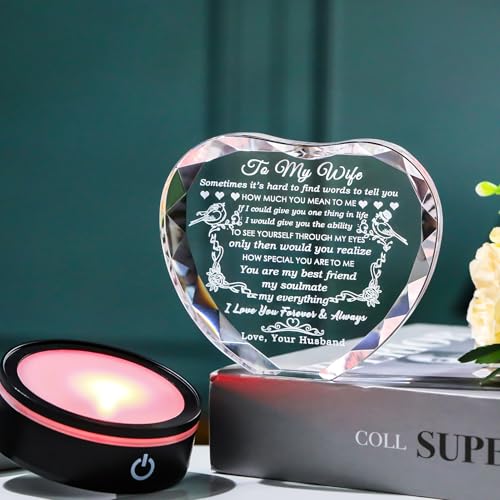 Personalized Crystal Heart Gift for Wife - Love Quote Keepsake with LED Light - Wedding Anniversary & Birthday Gift - Wife Gifts Variation of Wife Gifts