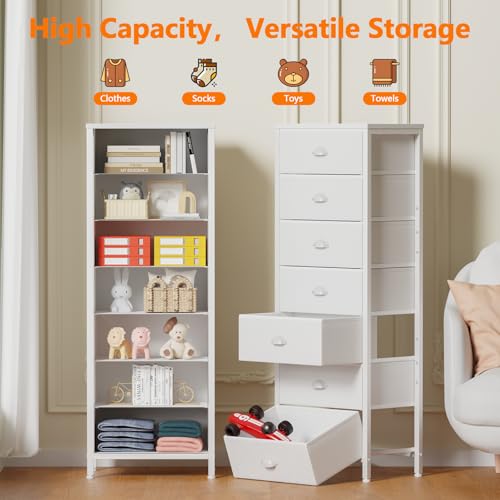 White Tall Dresser with 7 Fabric Drawers for Bedroom Storage - 11.8"D x 15.8"W x 43.3"H