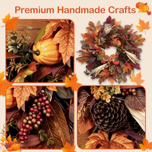 26-Inch Fall Wreath for Front Door - Red Orange Harvest Decor with Maple Leaves, Pumpkins & Berries