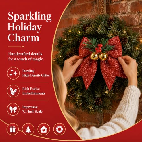 Christmas Glitter Bows with Jingle Bells & Pine Needles - Set of 6 Red Holiday Decorations