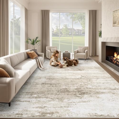 8x10 Beige Washable Area Rug - Soft Modern Abstract Non-Slip Carpet for Living Room & Bedroom