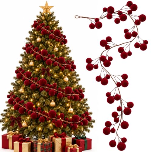 6 Ft Burgundy Velvet Christmas Garland with Ornaments - Holiday Decor
