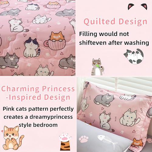 7 Piece Girls Cats Bedding Comforter Set Twin Size for Kids Bed in A