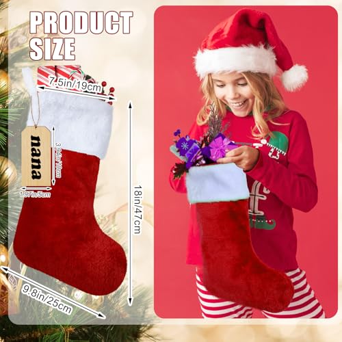 8 Set 18 Inch Red Christmas Stockings with Wood Name Tags - Plush