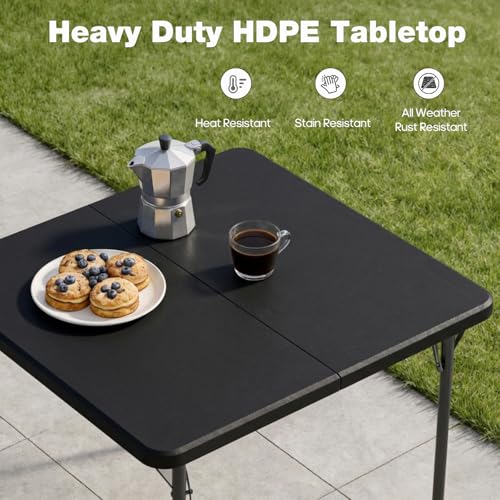 GlowitLian 34-Inch Square Folding Table for 4 People - Black - Portable Picnic & Party Table